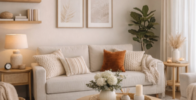 Affordable home decor ideas Americans love – cozy neutral living room with budget-friendly decorations