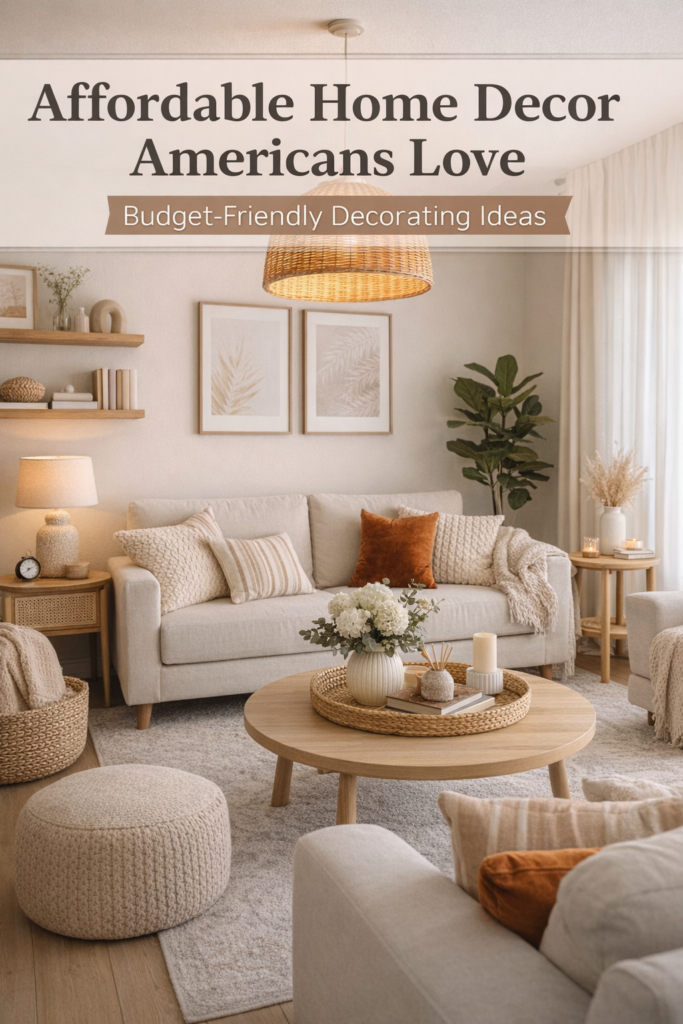 Affordable home decor ideas Americans love – cozy neutral living room with budget-friendly decorations