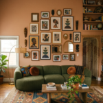 Modern Afrohemian living room with olive green curved sofa and eclectic gallery wall.