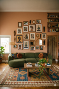Modern Afrohemian living room with olive green curved sofa and eclectic gallery wall.
