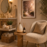 cozy aesthetic bathroom decor with diffuser and accent chair