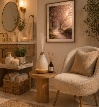 cozy aesthetic bathroom decor with diffuser and accent chair