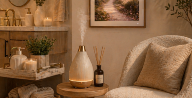 cozy aesthetic bathroom decor with diffuser and accent chair