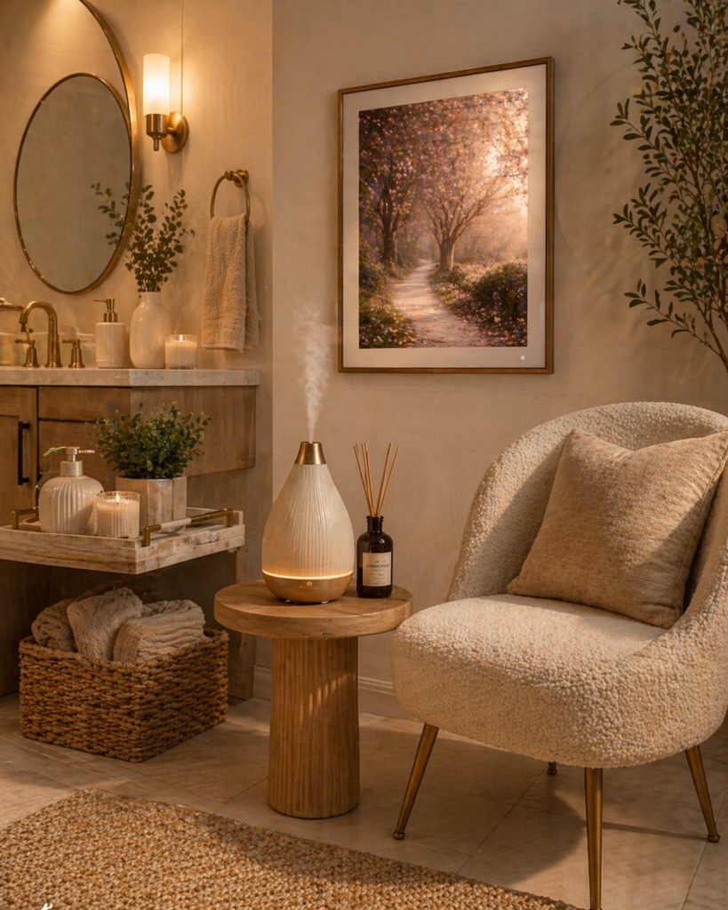 cozy aesthetic bathroom decor with diffuser and accent chair