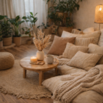 cozy floor seating with cushions and wooden table boho living room decor