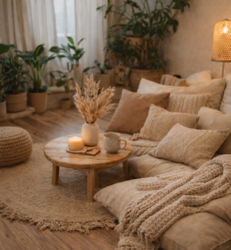cozy floor seating with cushions and wooden table boho living room decor