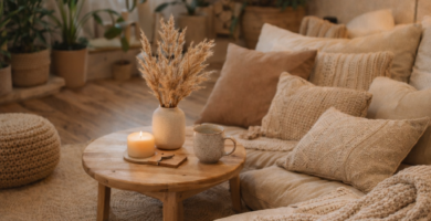 cozy floor seating with cushions and wooden table boho living room decor