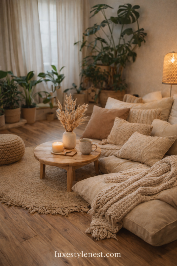 cozy floor seating with cushions and wooden table boho living room decor