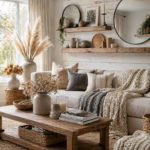 cozy modern farmhouse living room decor with jute rug and pampas grass