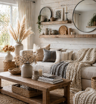 cozy modern farmhouse living room decor with jute rug and pampas grass
