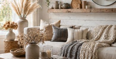 cozy modern farmhouse living room decor with jute rug and pampas grass