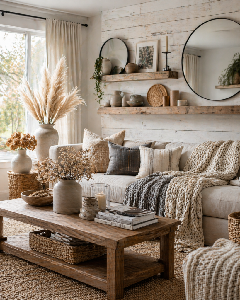 cozy modern farmhouse living room decor with jute rug and pampas grass