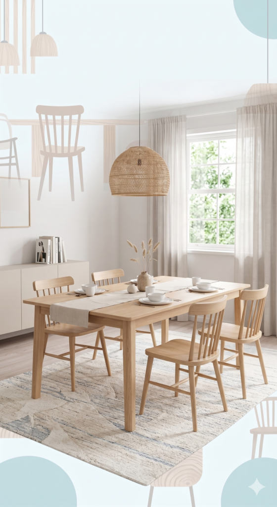 Scandinavian dining room with natural wood table and woven lamp.