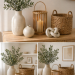 Affordable home decor ideas with neutral vase, olive branches, lantern, basket and modern knot decor
