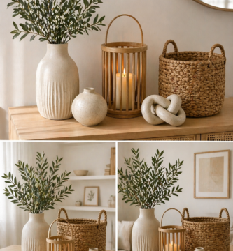 Affordable home decor ideas with neutral vase, olive branches, lantern, basket and modern knot decor