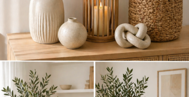 Affordable home decor ideas with neutral vase, olive branches, lantern, basket and modern knot decor