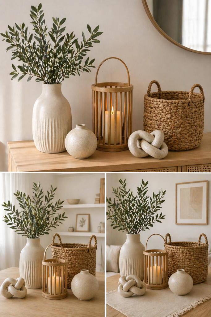 Affordable home decor ideas with neutral vase, olive branches, lantern, basket and modern knot decor