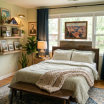 Cozy American bedroom decor with vintage National Park posters and chunky knit blanket.