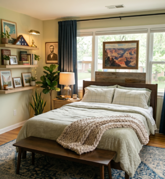 Cozy American bedroom decor with vintage National Park posters and chunky knit blanket.