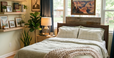 Cozy American bedroom decor with vintage National Park posters and chunky knit blanket.