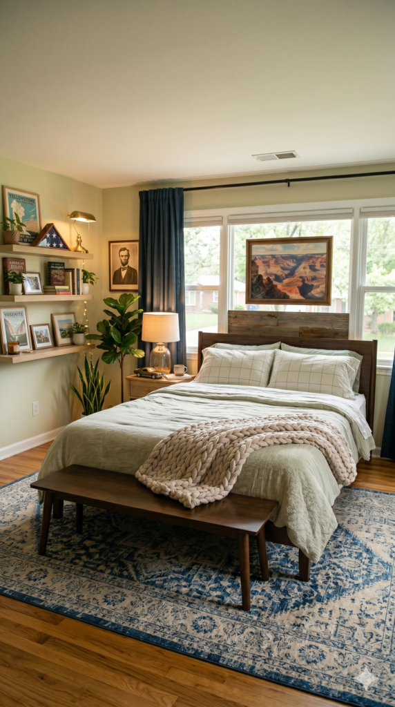Cozy American bedroom decor with vintage National Park posters and chunky knit blanket.