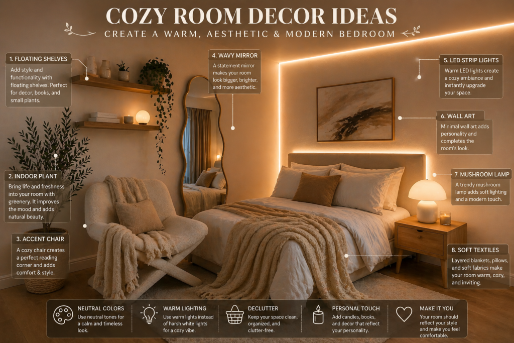 Cozy aesthetic bedroom with warm lighting, neutral decor, soft blanket and modern minimalist design