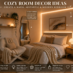 Cozy aesthetic bedroom with warm lighting, neutral decor, soft blanket and modern minimalist design