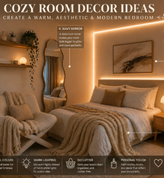 Cozy aesthetic bedroom with warm lighting, neutral decor, soft blanket and modern minimalist design