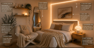 Cozy aesthetic bedroom with warm lighting, neutral decor, soft blanket and modern minimalist design