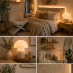Cozy bedroom decor with LED lights, mushroom lamp, blanket, mirror and modern neutral aesthetic