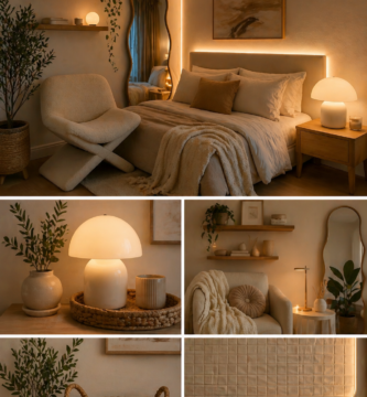 Cozy bedroom decor with LED lights, mushroom lamp, blanket, mirror and modern neutral aesthetic