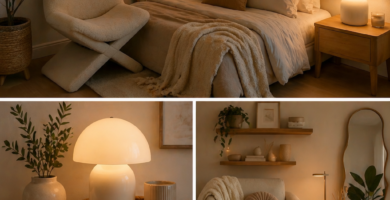 Cozy bedroom decor with LED lights, mushroom lamp, blanket, mirror and modern neutral aesthetic