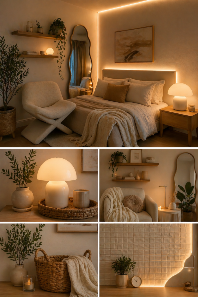 Cozy bedroom decor with LED lights, mushroom lamp, blanket, mirror and modern neutral aesthetic