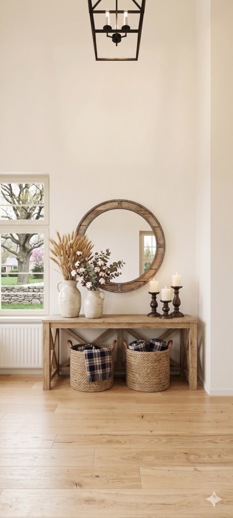 Modern farmhouse entryway featuring a wooden console table, large round mirror, ceramic vases with dried wheat, and woven storage baskets.