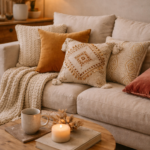 cozy living room with decorative throw pillows velvet and embroidered cushions