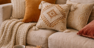 cozy living room with decorative throw pillows velvet and embroidered cushions