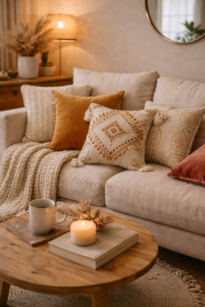 cozy living room with decorative throw pillows velvet and embroidered cushions