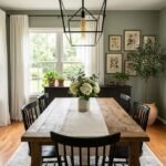 Modern American dining room with wooden table, olive tree, and botanical art.