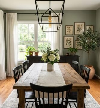 Modern American dining room with wooden table, olive tree, and botanical art.