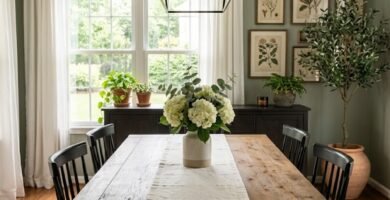 Modern American dining room with wooden table, olive tree, and botanical art.