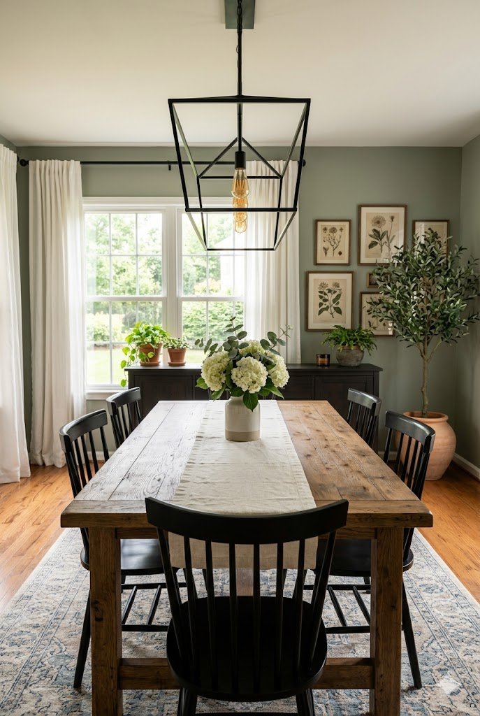Modern American dining room with wooden table, olive tree, and botanical art.