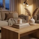 Handcrafted rustic modern coffee table in a cozy beige living room