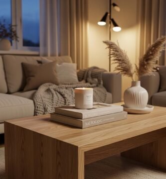 Handcrafted rustic modern coffee table in a cozy beige living room