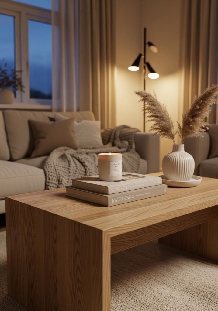 Handcrafted rustic modern coffee table in a cozy beige living room