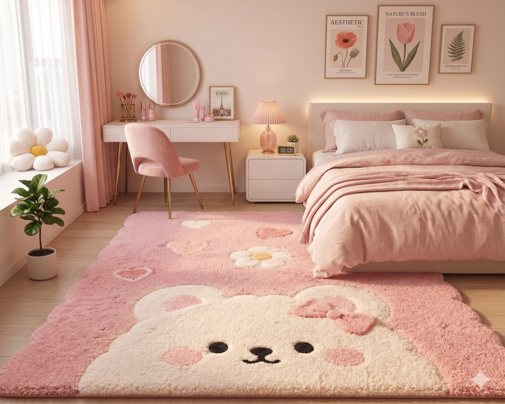 Cozy pastel pink bedroom interior with bear rug and minimalist vanity