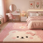 Cozy pastel pink bedroom interior with bear rug and minimalist vanity