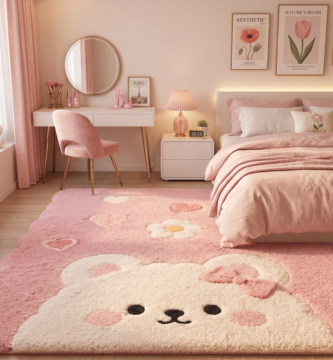 Cozy pastel pink bedroom interior with bear rug and minimalist vanity