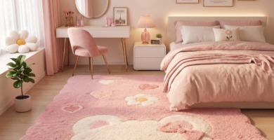 Cozy pastel pink bedroom interior with bear rug and minimalist vanity