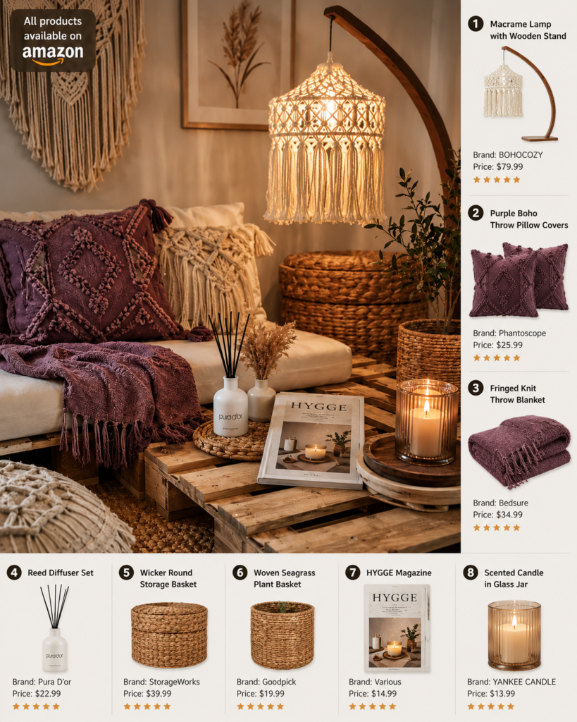 cozy boho living room with macrame lamp and warm apartment decor