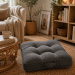 HIGOGOGO floor pillow cushion in a cozy living room with jute rug and indoor plants